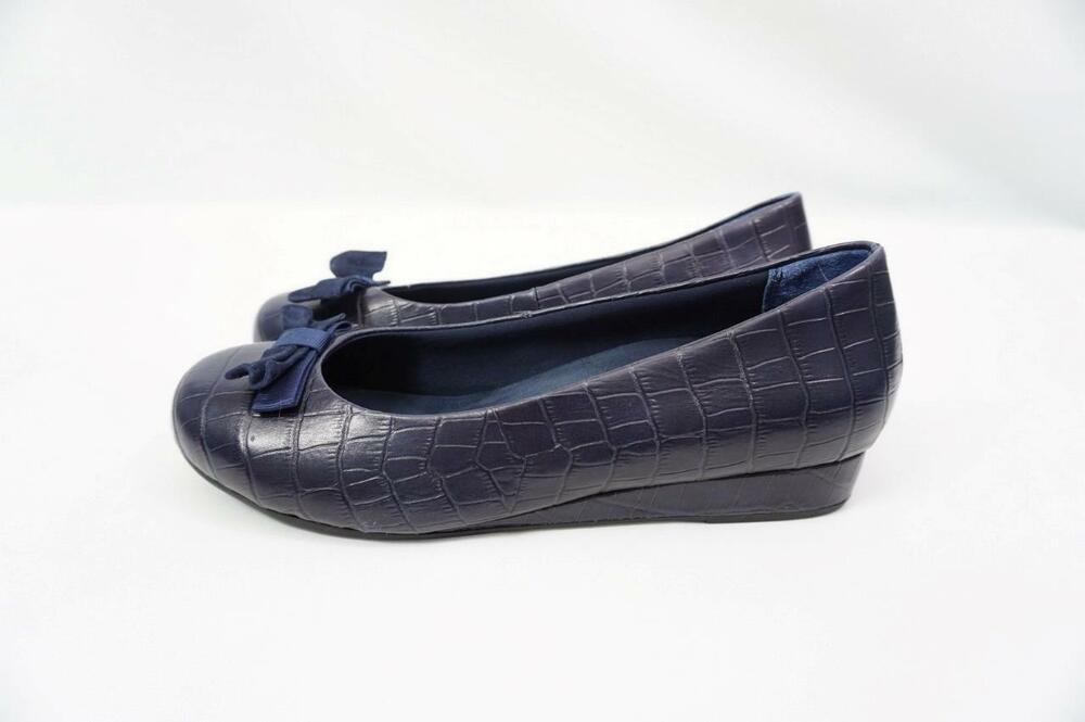 VIONIC LYDIA BOW USED 11 BLUE CROC EMBOSSED LEATHER BALLET FLATS/WEDGES/SLIP ON